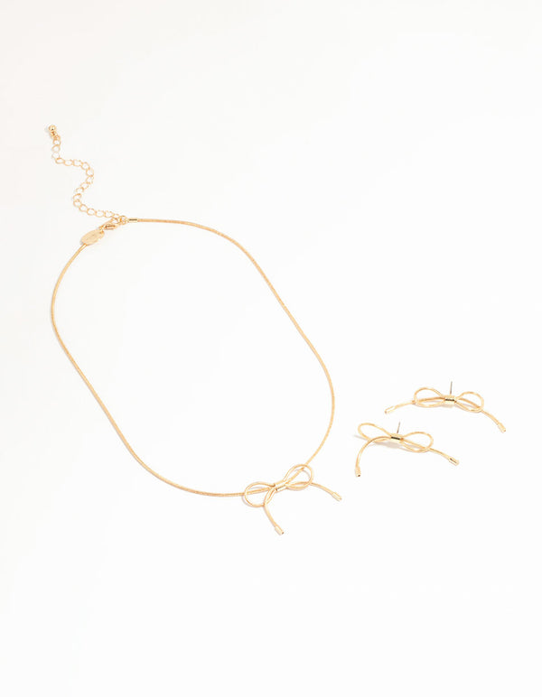 Gold Dainty Bow Necklace & Earrings Set