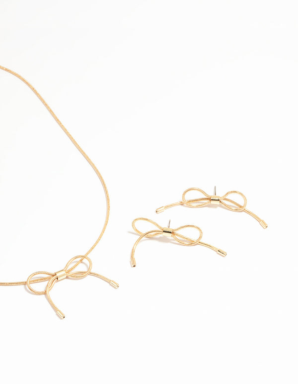 Gold Dainty Bow Necklace & Earrings Set