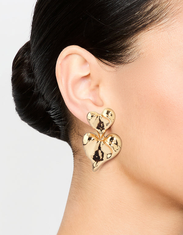 Gold Double Heart Drop Earrings