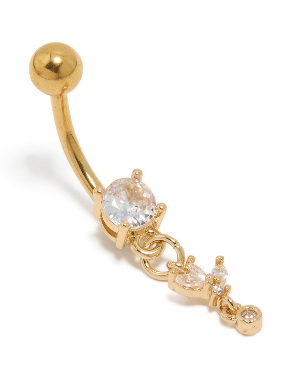 Showcasing a gold plated surgical steel belly bar featuring charm with marquise cut cubic zirconia crystals in clear front view