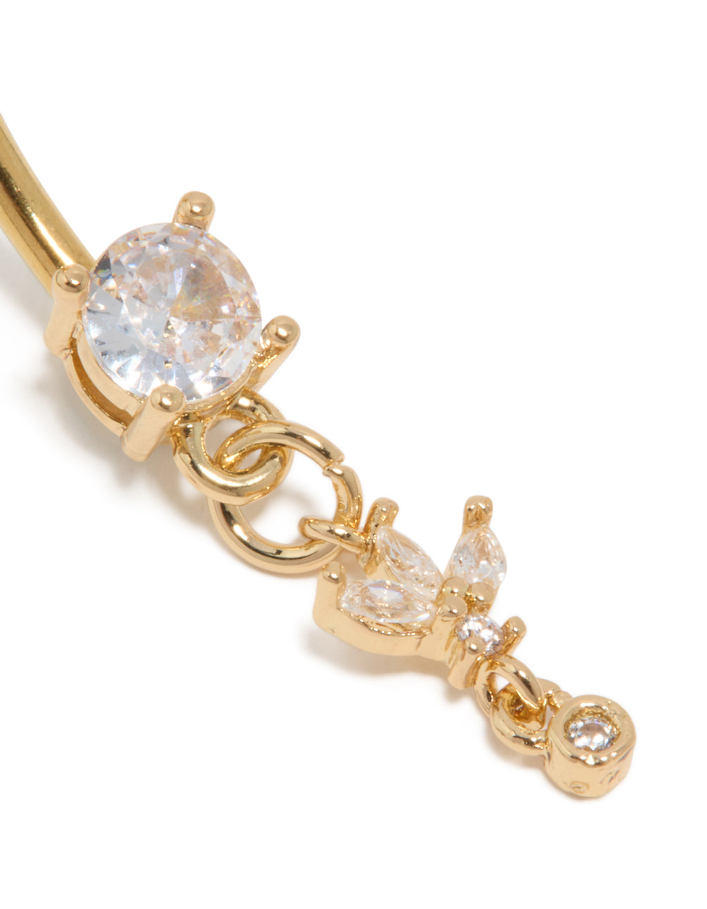 Highlighting a gold plated surgical steel belly bar with charm displaying marquise cut cubic zirconia crystals and decorative ball accents in white detail view