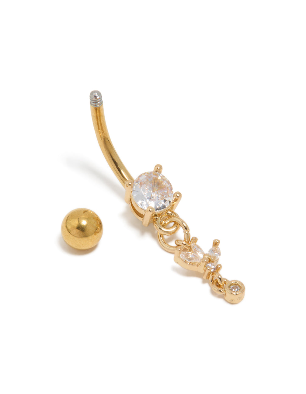 Displaying a gold plated surgical steel belly bar featuring, balls, and marquise cut cubic zirconia crystals in clear side view