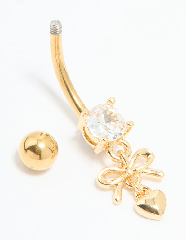 Gold Plated Surgical Steel Fine Heart & Bow Belly Bar