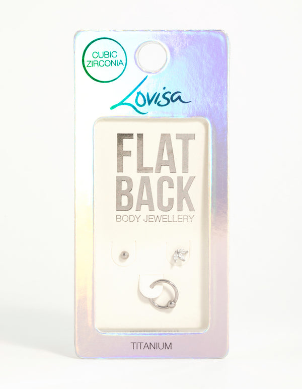 Titanium Clicker Ring & Cubic Zirconia Flat Back Earrings 3-Pack