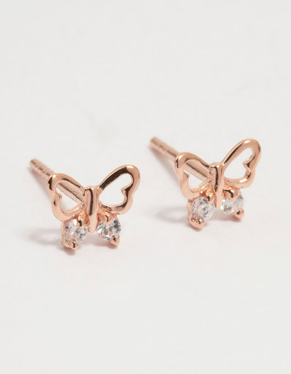 Rose Gold Plated Sterling Silver Cubic Zirconia Butterfly Stud Earrings
