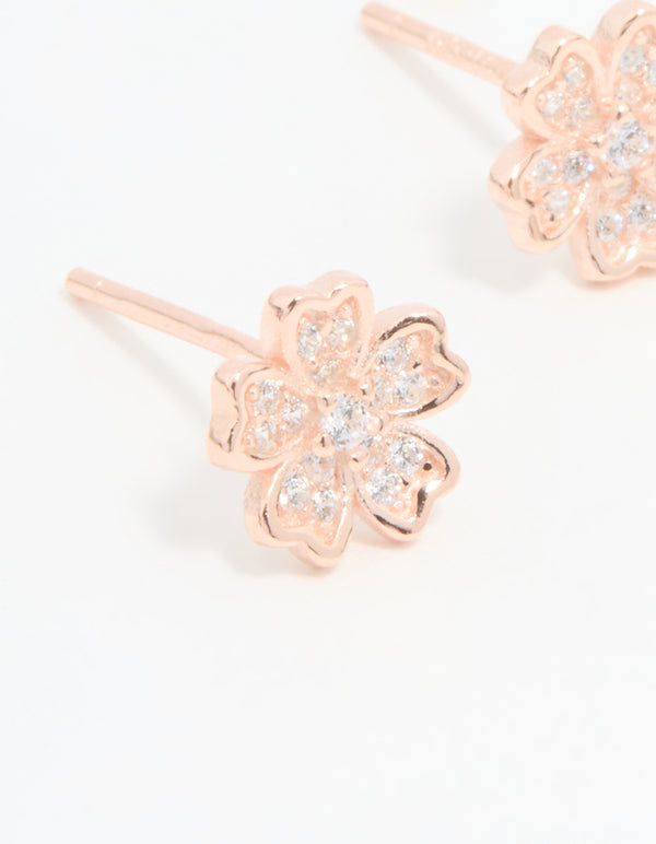 Rose Gold Plated Sterling Silver Cubic Zirconia Flower Stud Earrings