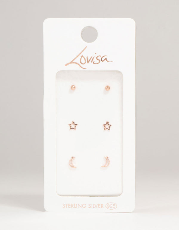 Rose Gold Plated Sterling Silver Open Celestial Stud Earrings 3-Pack