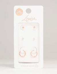 Rose Gold Plated Sterling Silver Ball & Diamante Earrings 3-Pack - link has visual effect only