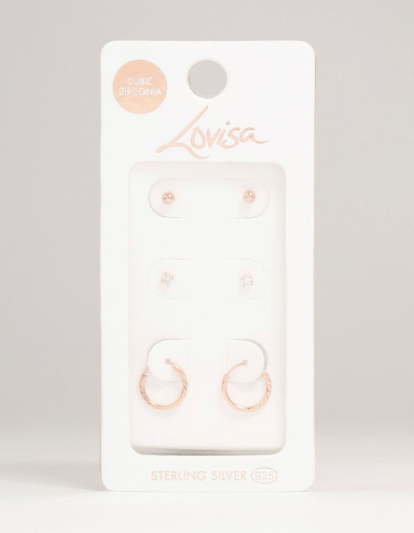 Rose Gold Plated Sterling Silver Ball & Diamante Earrings 3-Pack