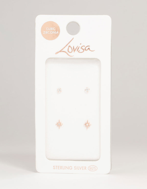 Rose Gold Plated Sterling Silver Mini Starburst Stud Earrings 2-Pack