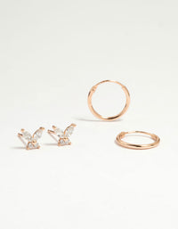 Rose Gold Plated Sterling Silver Butterfly Studs & Hoop Earrings 2-Pack - link has visual effect only