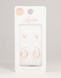 Rose Gold Plated Sterling Silver Butterfly Studs & Hoop Earrings 2-Pack - link has visual effect only