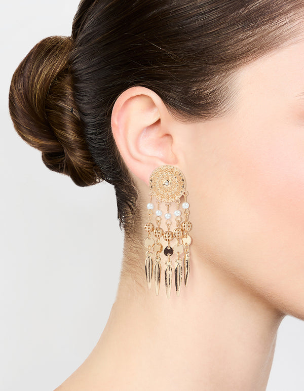 Gold Etched Dreamcatcher Drop Earrings