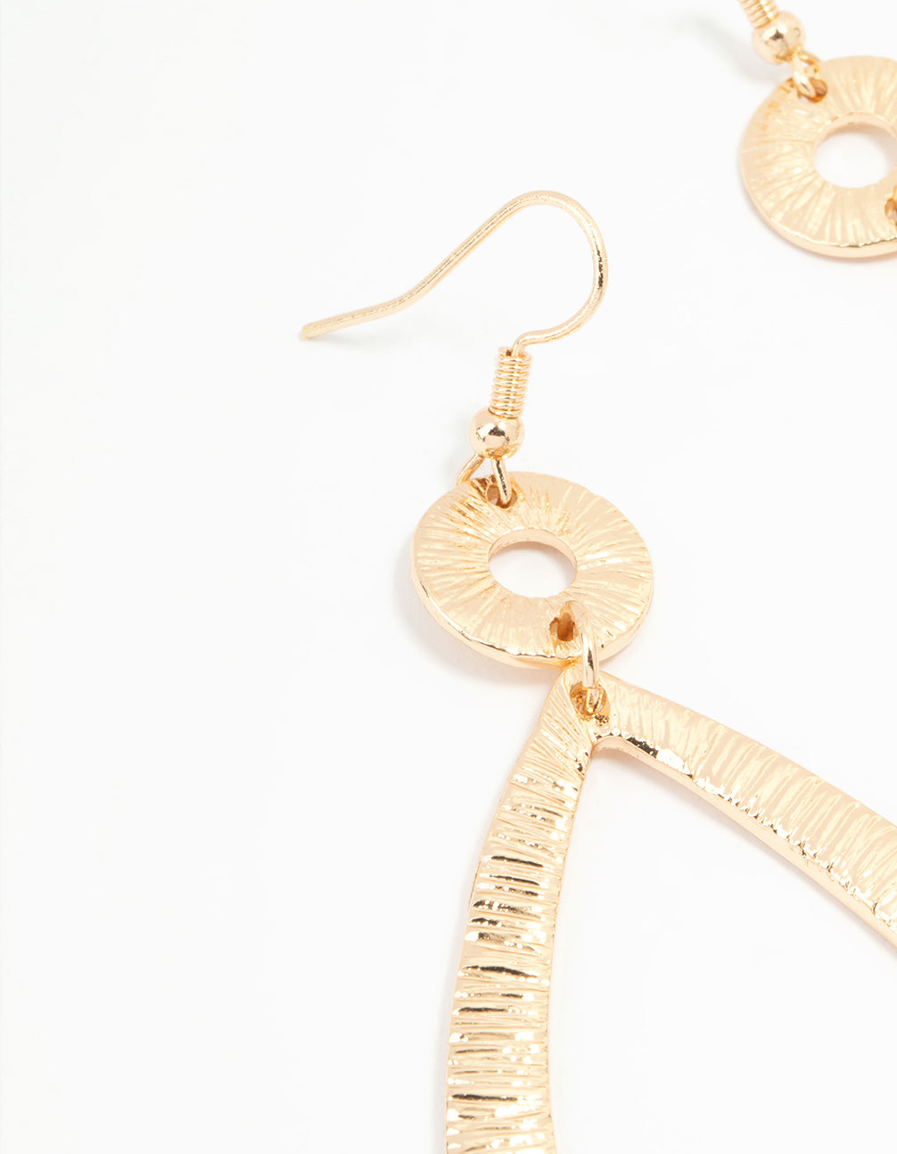 Gold Etched Oval Disc Drop Earrings