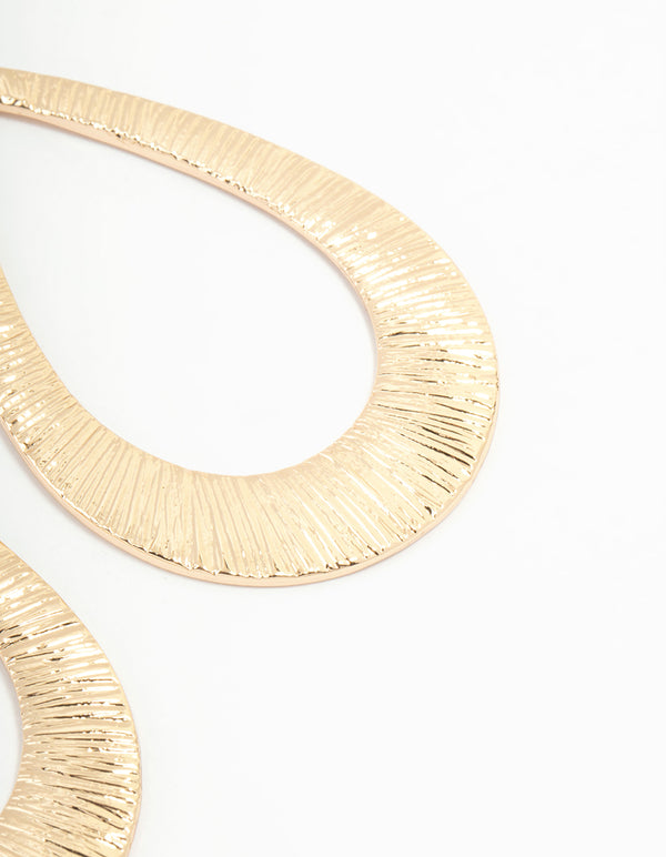 Gold Etched Oval Disc Drop Earrings