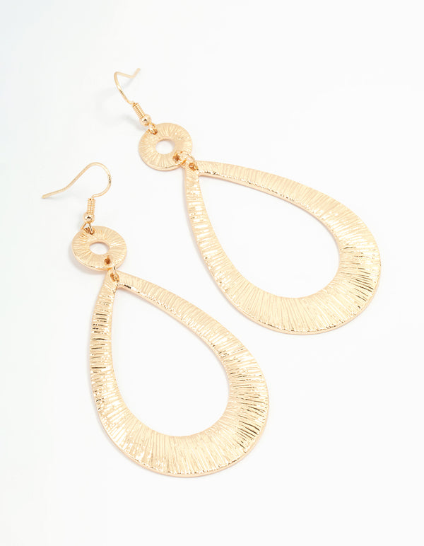 Gold Etched Oval Disc Drop Earrings