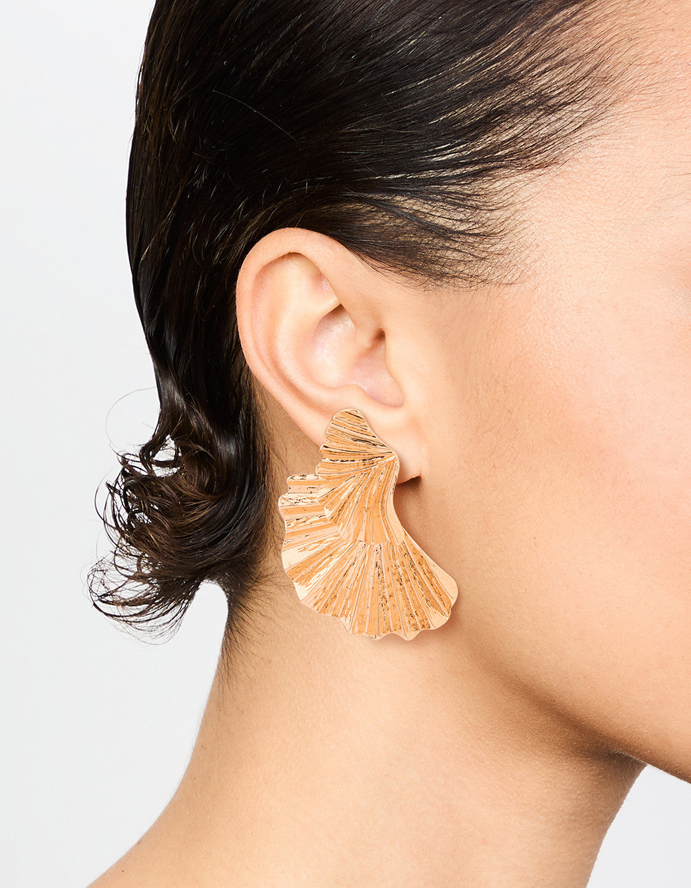 Gold Textured Metal Fan Drop Earrings