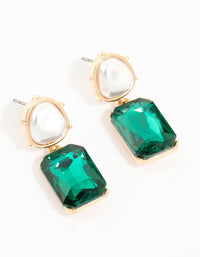 Gold Pearl & Green Stone Drop Earrings - link has visual effect only
