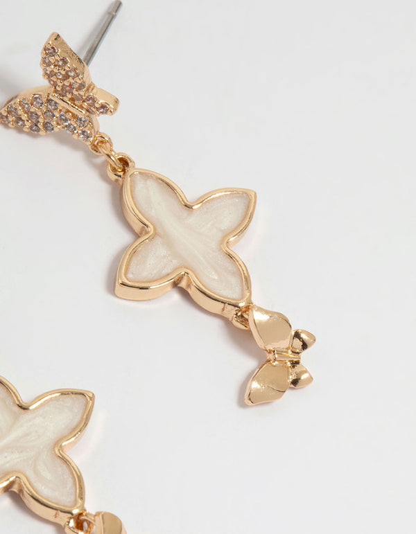 Gold Butterfly Flower Drop Earrings