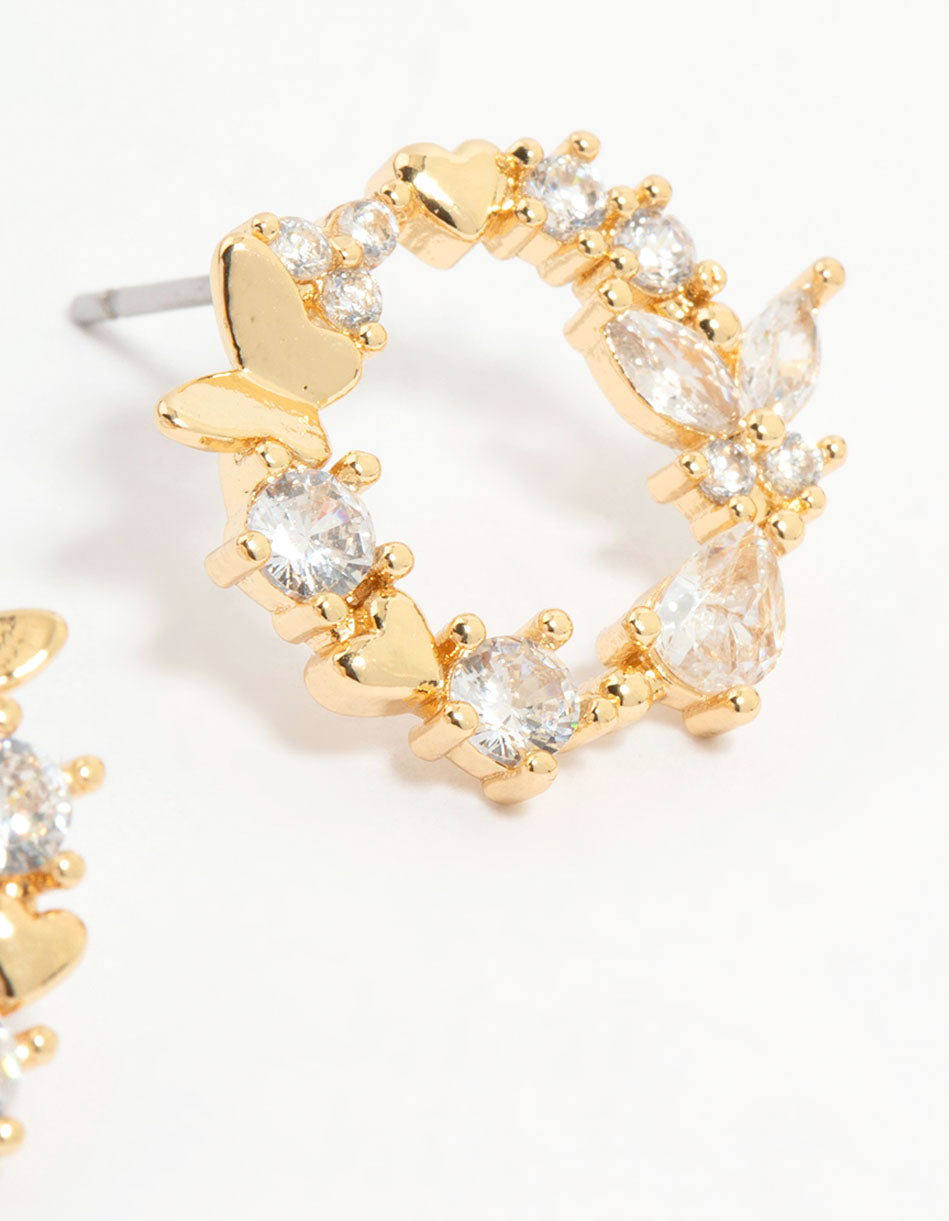 Gold Plated Cubic Zirconia Butterfly Wreath Stud Earrings
