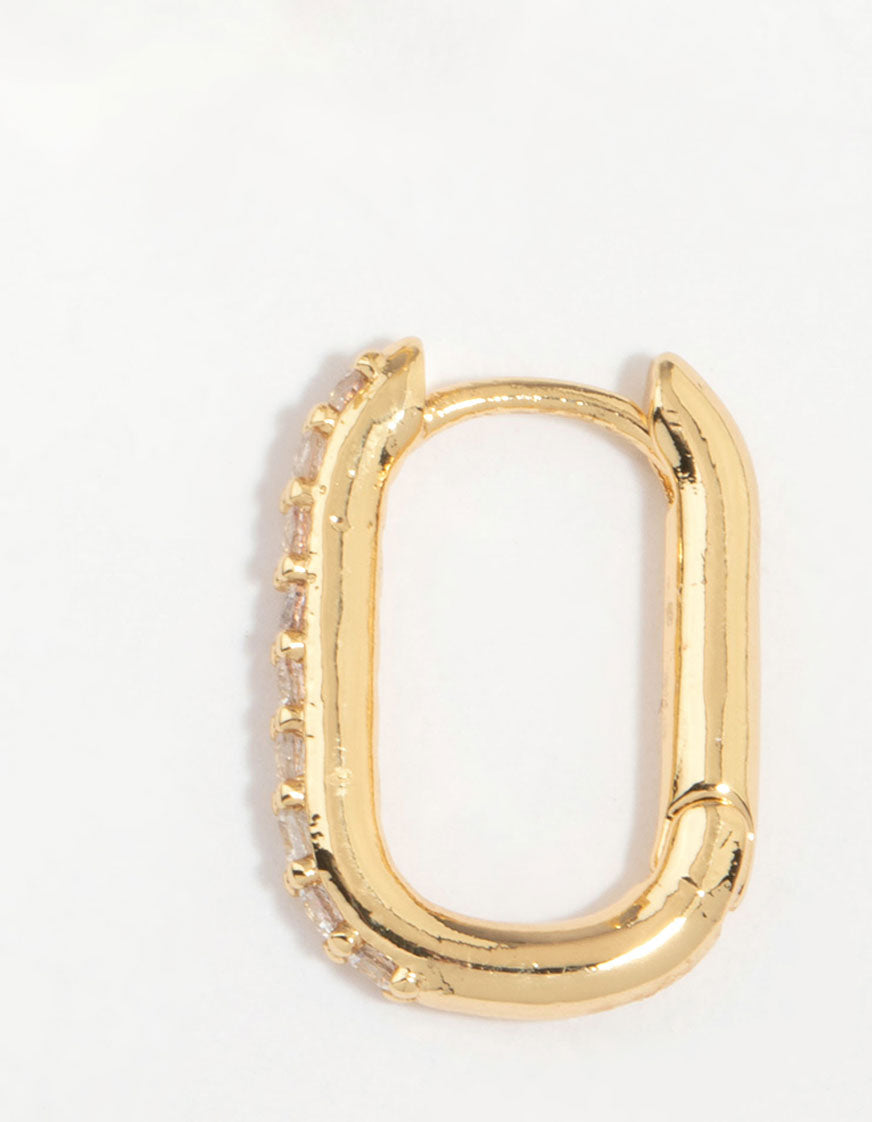 Highlighting the hoop closure mechanism and construction of gold plated diamante oval earrings post detail view
