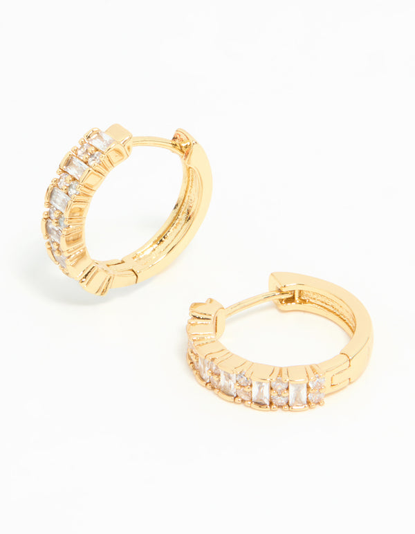 Gold Plated Diamante Baguette Pave Hoop Earrings