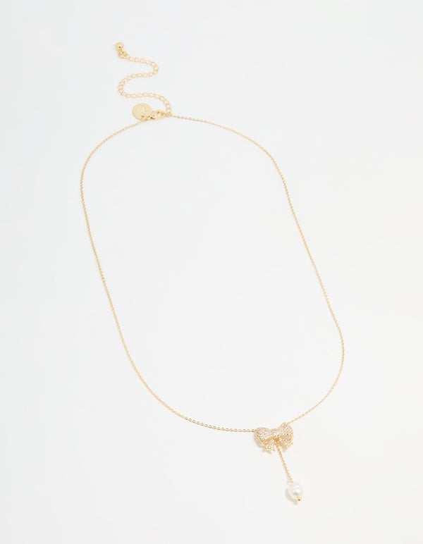 Gold Plated Pearl & Cubic Zirconia Chunky Bow Y-Necklace