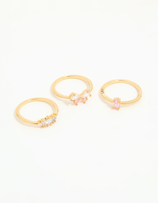 Gold Plated Pink Cubic Zirconia Bow Rings 3-Pack