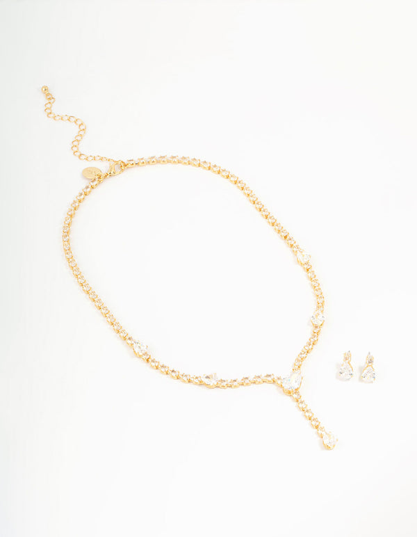 Gold Plated Cubic Zirconia Teardrop Necklace & Earrings Set