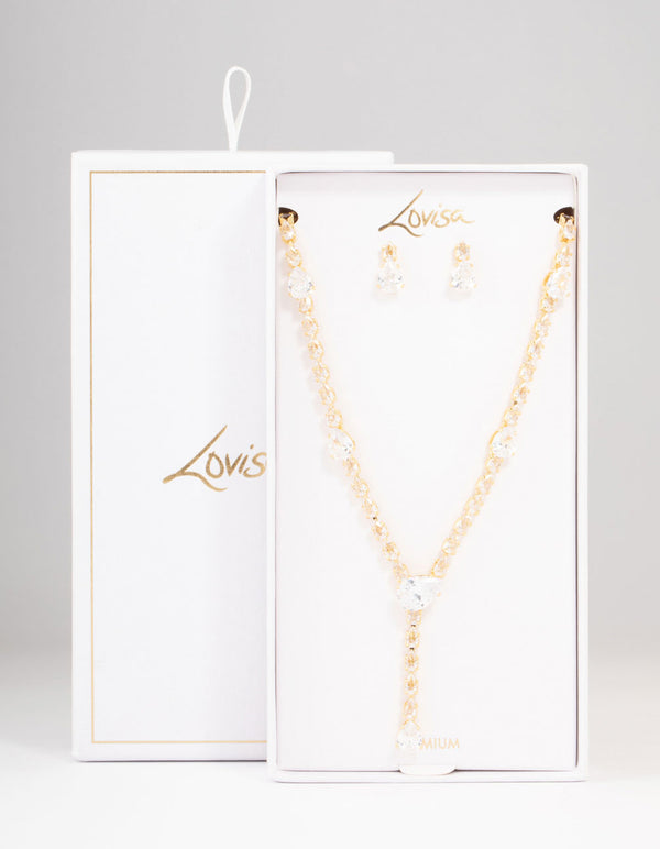 Gold Plated Cubic Zirconia Teardrop Necklace & Earrings Set