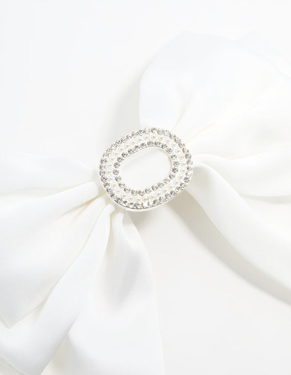 Silver Plated Diamante White Fabric Bow Clip