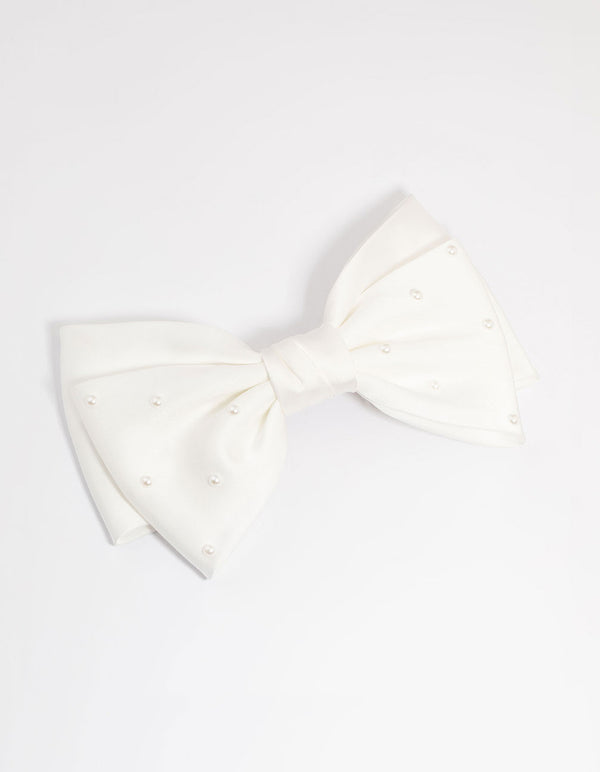 White Fabric & Pearl Bow Clip