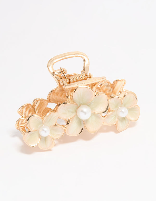 Gold Enamel Pearl Floral Claw Clip