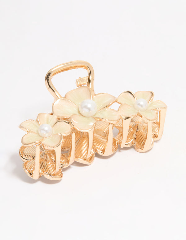 Gold Enamel Pearl Floral Claw Clip