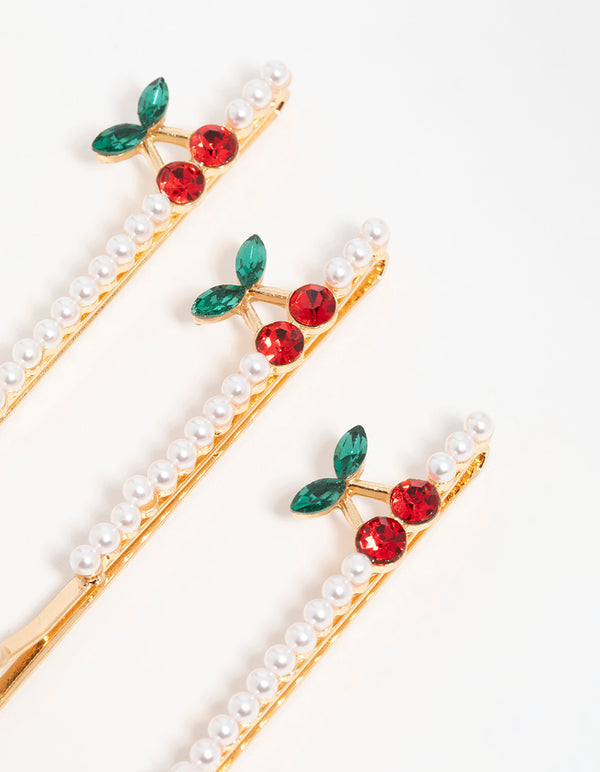Gold Pearl Cherry Hair Clips 3-Pack