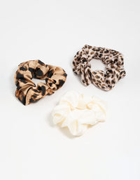 Satin Fabric Leopard Print & Cream Scrunchies 3-Pack - link has visual effect only