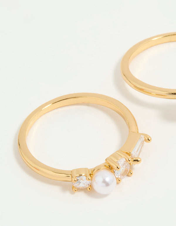 Gold Plated Cubic Zirconia & Pearl Rings 3-Pack