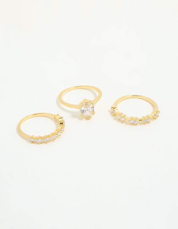 Gold Plated Cubic Zirconia Oval Stacking Rings 3-Pack