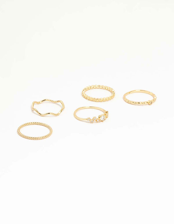 Gold Plated Squiggle & Rope Rings 5-Pack