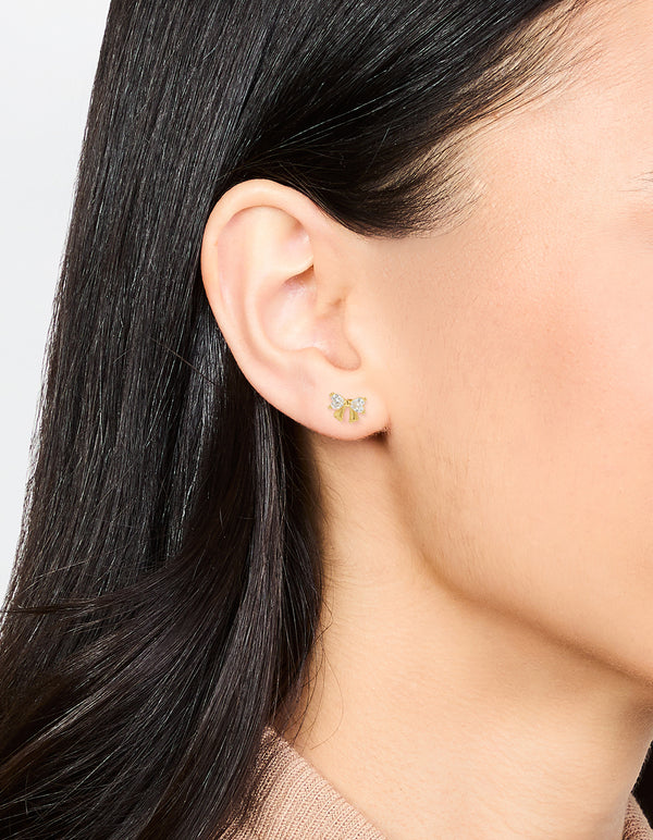 Gold Plated Sterling Silver Cubic Zirconia Bow Stud Earrings