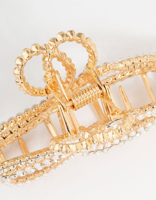 Gold Pearl & Diamante Bow Claw Clip