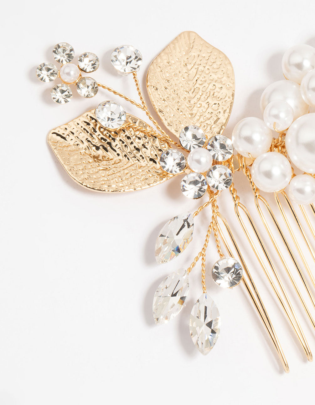 Gold Pearl Diamante Marquise Cluster Comb