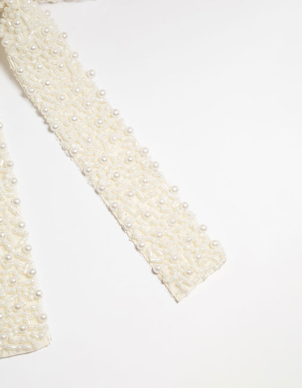 White Fabric Beaded Bow Clip