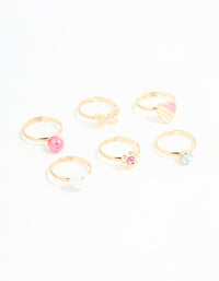 Kids Gold Pearl Heart & Butterfly Stacking Rings 6-Pack - link has visual effect only
