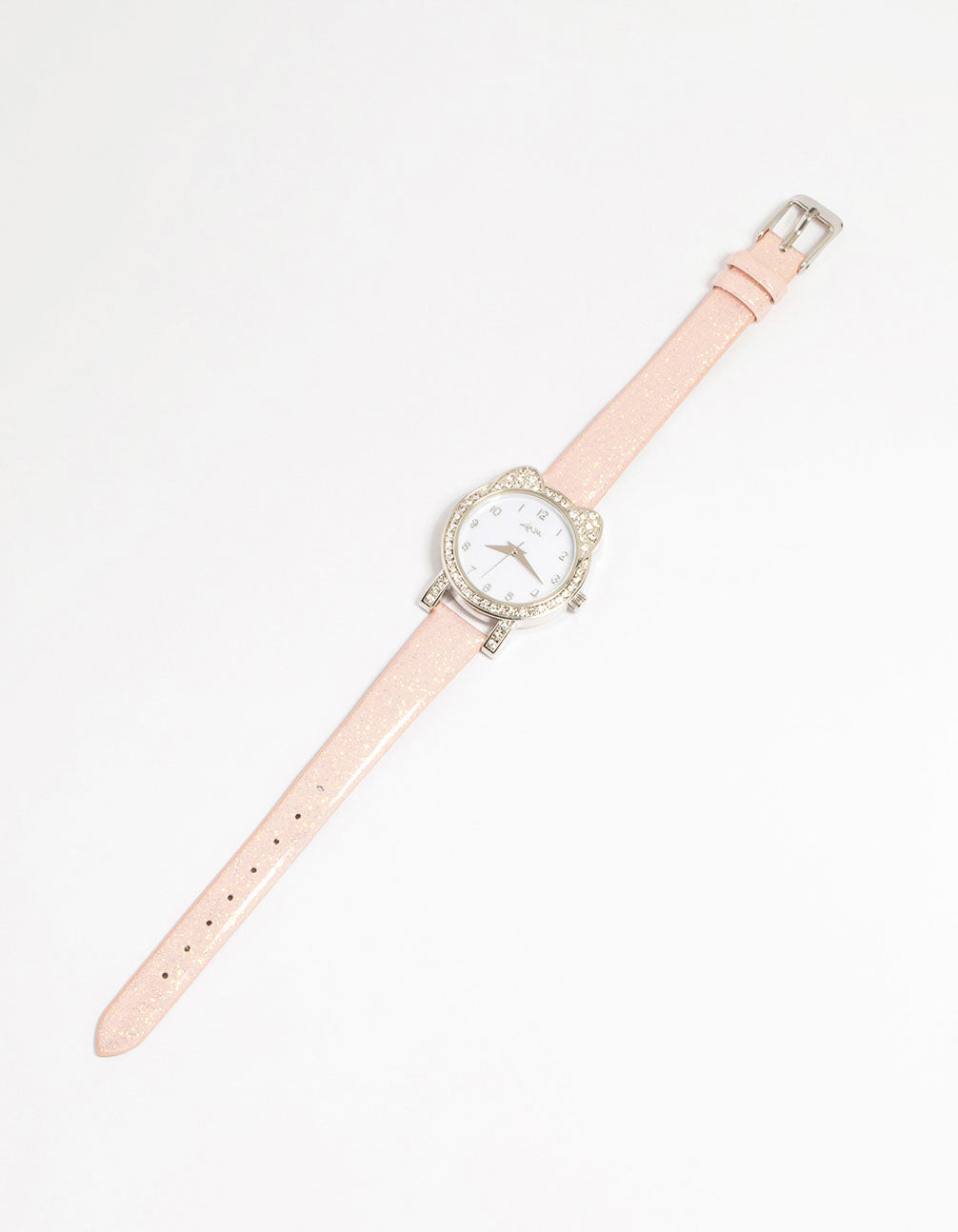 Charming kids watch featuring diamante cat bezel with numbers on white dial, round shape, casual style, pink leather strap, analog type front view