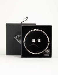 Silver Cubic Zirconia Flower Earrings &  Tennis Bracelet Set - link has visual effect only