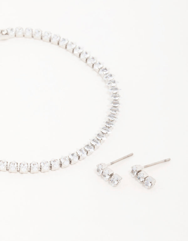 Silver Diamante Marquise Earrings & Tennis Bracelet Set