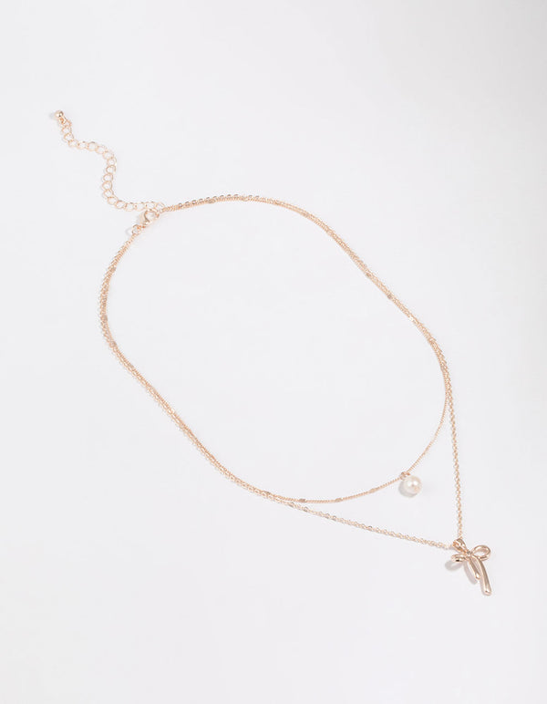 Rose Gold Plated Freshwater Pearl & Bow Layered Necklace