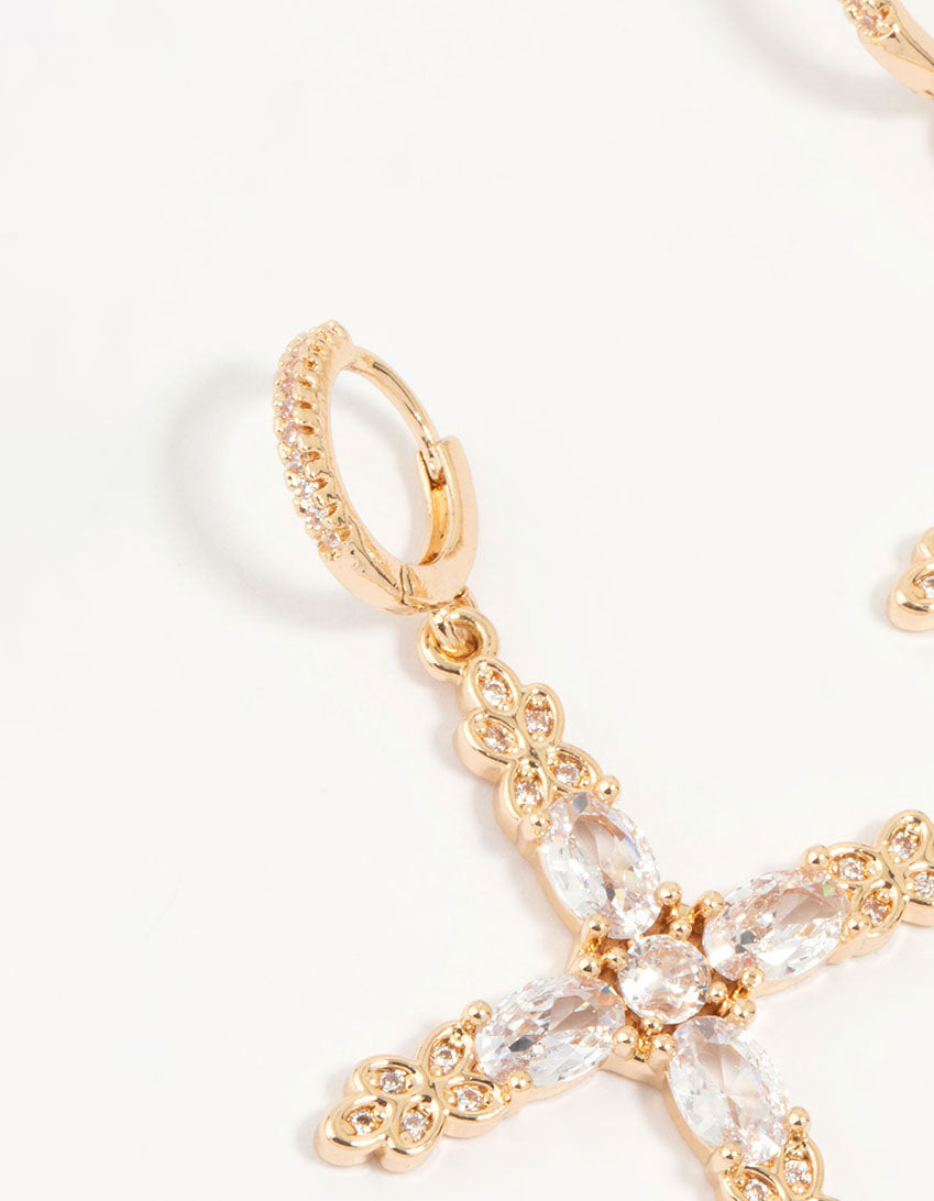 Gold Cubic Zirconia Cross Drop Earrings