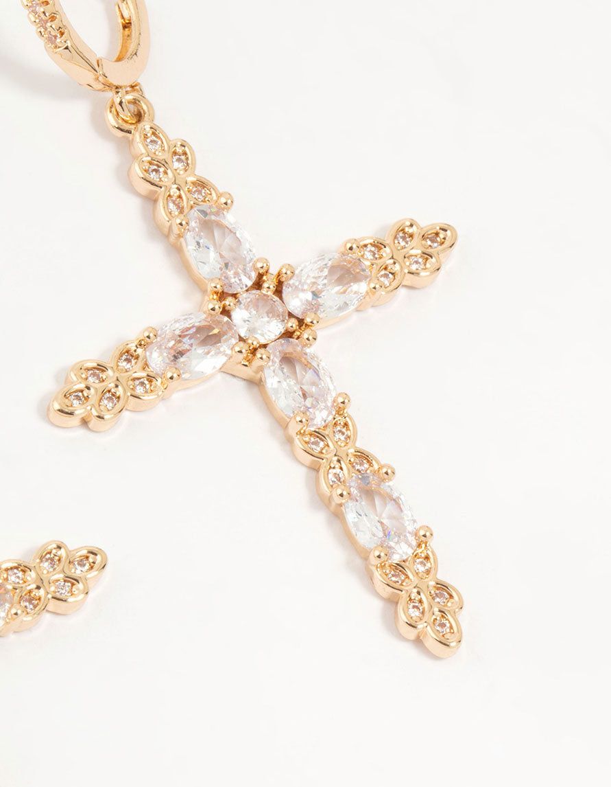 Gold Cubic Zirconia Cross Drop Earrings